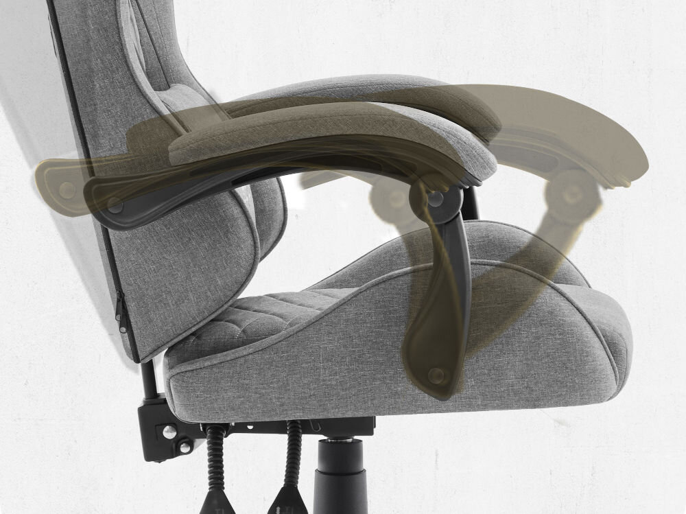 Fotel CABRO C500 Ciemnoszary Widok z profilu na podłokietnik fotela z graficznym zaznaczeniem możliwości jego regulacji i dopasowania do rąk fotel gamingowy z systemem linkage armrests podłokietników