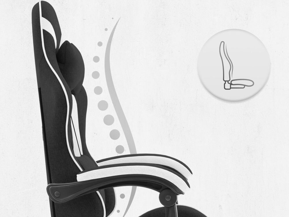 Fotel CABRO C500 Czarno-Biały Profil fotela z ikoną prezentującą ergonomiczny kształt oparcia dopasowany do naturalnej krzywizny kręgosłupa ergonomiczny fotel gamingowy do pracy i grania