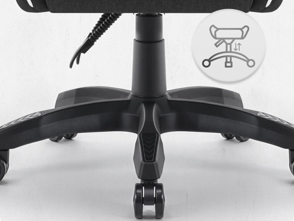 Fotel CABRO C500 Czarno-Biały Widok na podstawę fotela z ikoną ilustrującą funkcję regulacji wysokości siedziska fotel gamingowy z pięcioramienną nylonową podstawą