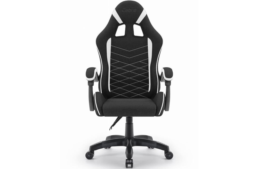 Fotel CABRO C500 Czarno-Biały prezentacja fotela na jasnym tle od przodu fotel gamingowy z dopasowanymi wymiarami do biurka