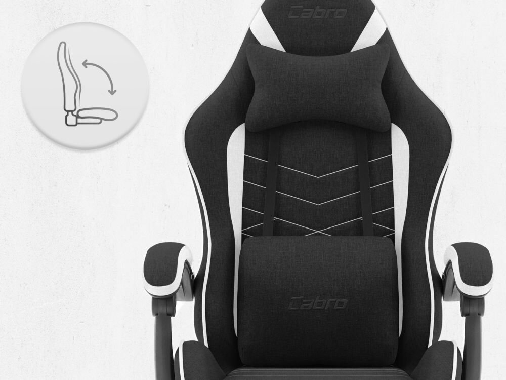 Fotel CABRO C500 Czarno-Biały Fotel gamingowy widziany od przodu z ikoną ilustrującą mechanizm kołysania siedziska uniwersalny fotel gamingowy do biura i pokoju gracza