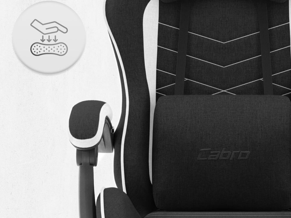 Fotel CABRO C500 Czarno-Biały Zbliżenie na oparcie i podłokietnik fotela z ikoną dłoni naciskającej miękką piankę wypełniającą fotel gamingowy z oddychającą tapicerką z tkaniny