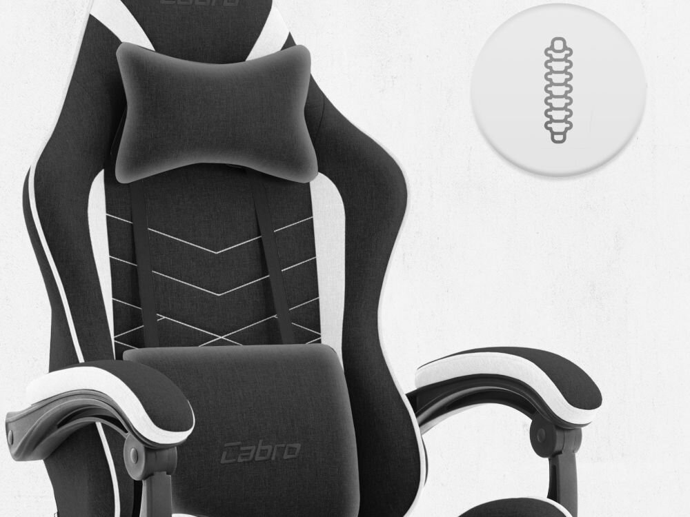 Fotel CABRO C500 Czarno-Biały Górna część fotela gamingowego z widocznym zagłówkiem i ikoną wsparcia kręgosłupa na całej długości pleców fotel gamingowy z poduszką lędźwiową i poduszką pod kark