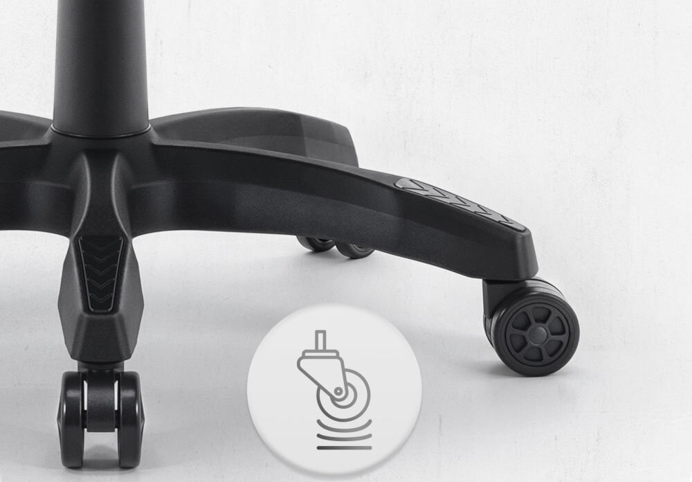 Fotel CABRO C500 Czarno-Biały Zbliżenie na kółka fotela gamingowego z ikoną sugerującą płynność ruchu lub cichą pracę mechanizmu fotel gamingowy z solidnymi kółkami trwałe materiały ochrona podłogi