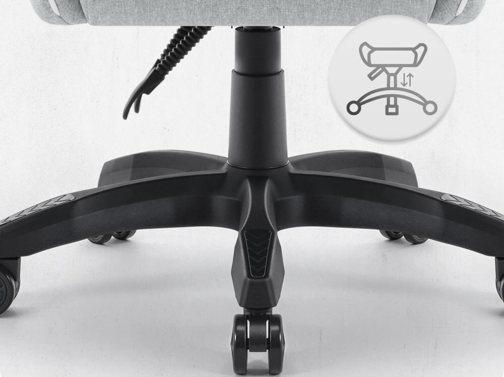 Fotel CABRO C500 Szaro-Biały Widok na podstawę fotela z ikoną ilustrującą funkcję regulacji wysokości siedziska fotel gamingowy z pięcioramienną nylonową podstawą