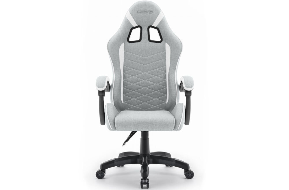 Fotel CABRO C500 Szaro-Biały prezentacja fotela na jasnym tle od przodu fotel gamingowy z dopasowanymi wymiarami do biurka