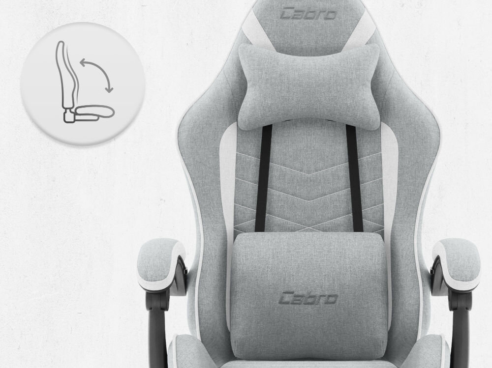 Fotel CABRO C500 Szaro-Biały Fotel gamingowy widziany od przodu z ikoną ilustrującą mechanizm kołysania siedziska uniwersalny fotel gamingowy do biura i pokoju gracza