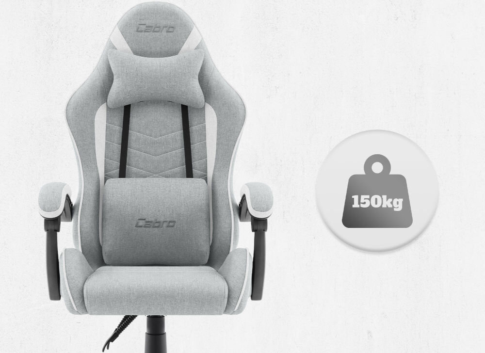 Fotel CABRO C500 Szaro-Biały Widok od przodu na fotel gamingowy z ikoną informującą o maksymalnym obciążeniu wynoszącym 150 kg wytrzymały fotel gamingowy o nośności 150 kg