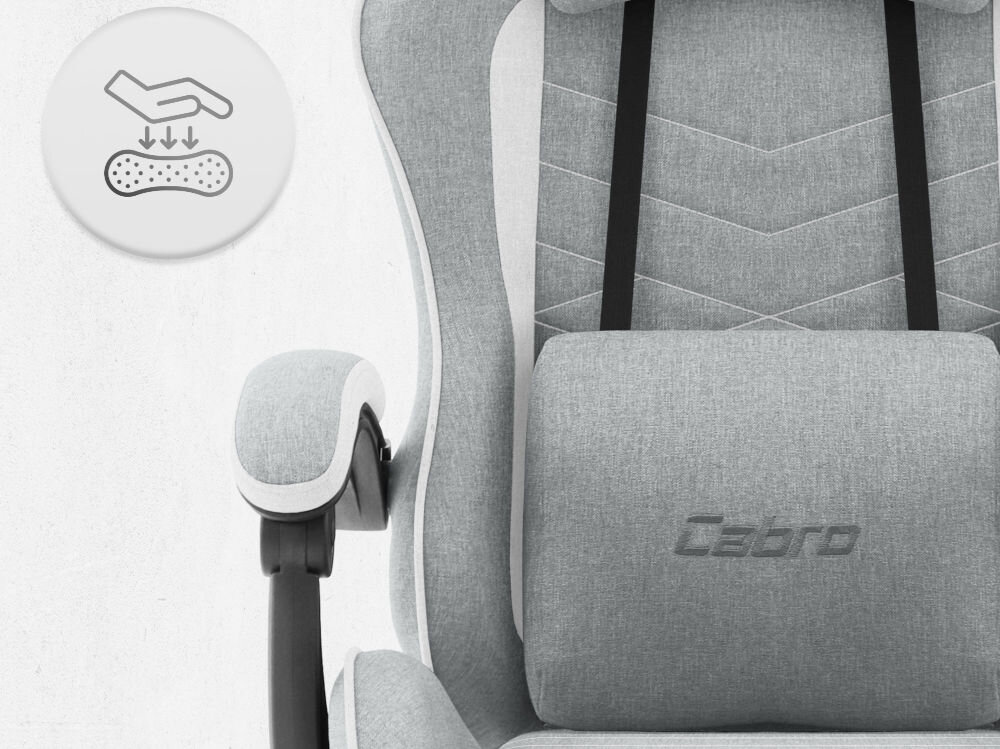 Fotel CABRO C500 Szaro-Biały Zbliżenie na oparcie i podłokietnik fotela z ikoną dłoni naciskającej miękką piankę wypełniającą fotel gamingowy z oddychającą tapicerką z tkaniny
