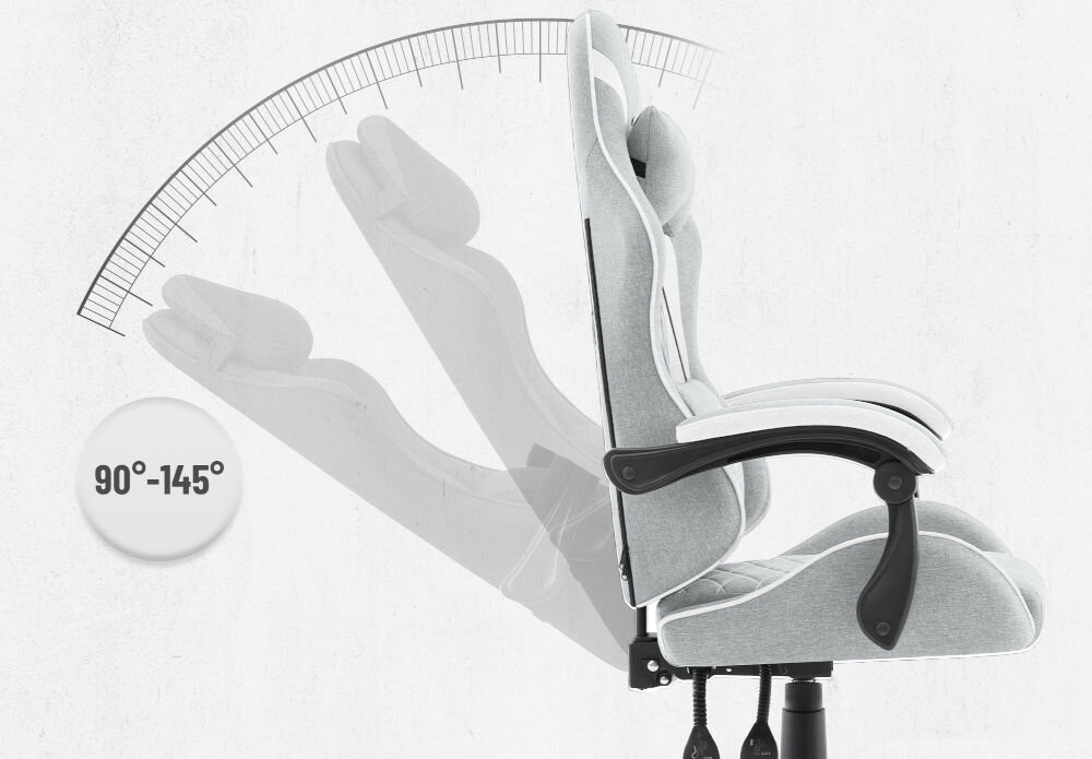 Fotel CABRO C500 Szaro-Biały Grafika prezentująca mechanizm regulacji kąta nachylenia oparcia fotela w zakresie od 90 do 145 stopni fotel gamingowy z regulacją oparcia do 145 stopni