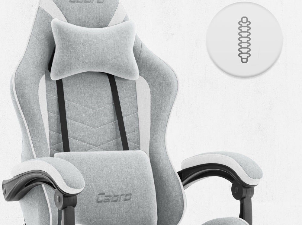 Fotel CABRO C500 Szaro-Biały Górna część fotela gamingowego z widocznym zagłówkiem i ikoną wsparcia kręgosłupa na całej długości pleców fotel gamingowy z poduszką lędźwiową i poduszką pod kark