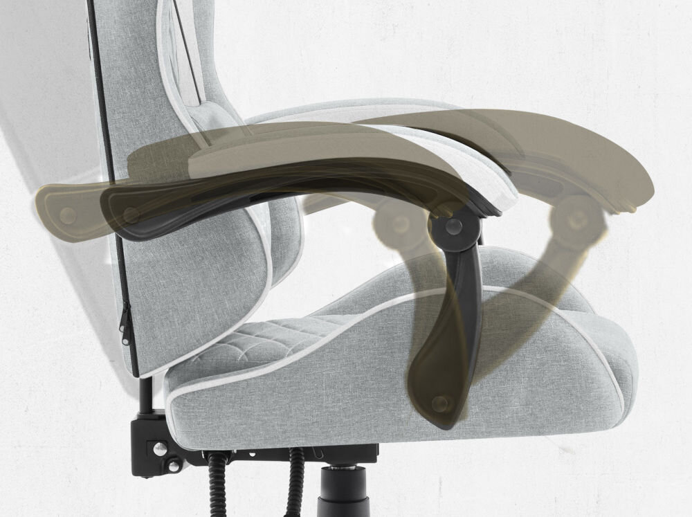 Fotel CABRO C500 Szaro-Biały Widok z profilu na podłokietnik fotela z graficznym zaznaczeniem możliwości jego regulacji i dopasowania do rąk fotel gamingowy z systemem linkage armrests podłokietników