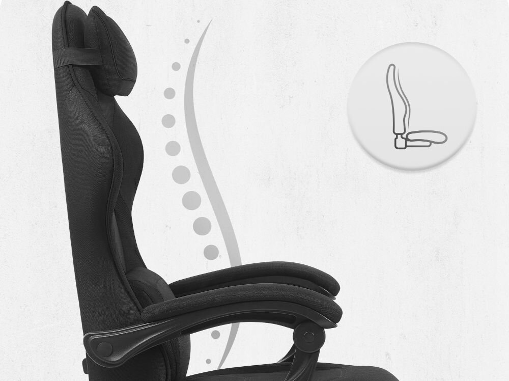 Fotel CABRO C502 Czarny Profil fotela z ikoną prezentującą ergonomiczny kształt oparcia dopasowany do naturalnej krzywizny kręgosłupa ergonomiczny fotel gamingowy do pracy i grania