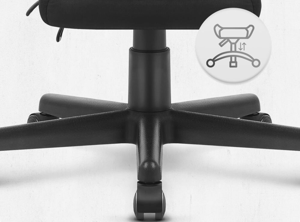 Fotel CABRO C502 Czarny Widok na podstawę fotela z ikoną ilustrującą funkcję regulacji wysokości siedziska fotel gamingowy z pięcioramienną nylonową podstawą