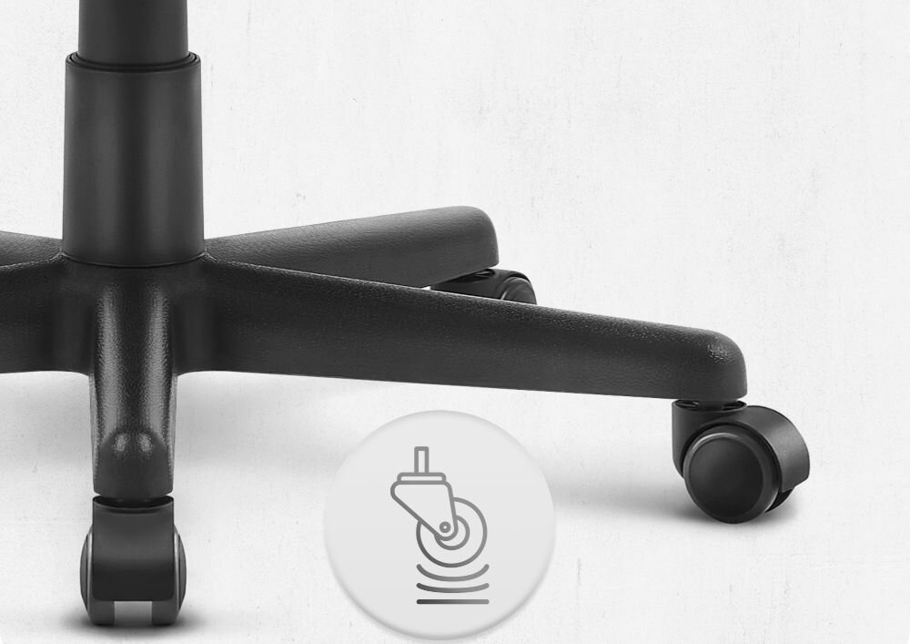 Fotel CABRO C502 Czarny Zbliżenie na kółka fotela gamingowego z ikoną sugerującą płynność ruchu lub cichą pracę mechanizmu fotel gamingowy z solidnymi kółkami trwałe materiały ochrona podłogi