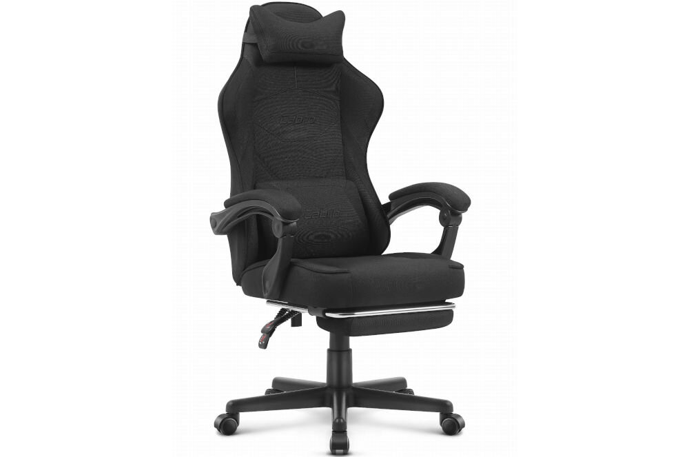 Fotel CABRO C502 Czarny prezentacja fotela na jasnym tle od przodu pod kątem fotel gamingowy z dopasowanymi wymiarami do biurka