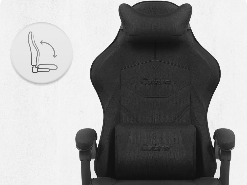 Fotel CABRO C502 Czarny Fotel gamingowy widziany od przodu z ikoną ilustrującą mechanizm kołysania siedziska uniwersalny fotel gamingowy do biura i pokoju gracza