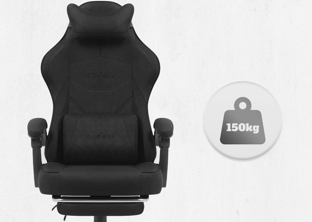 Fotel CABRO C502 Czarny Widok od przodu na fotel gamingowy z ikoną informującą o maksymalnym obciążeniu wynoszącym 150 kg wytrzymały fotel gamingowy o nośności 150 kg