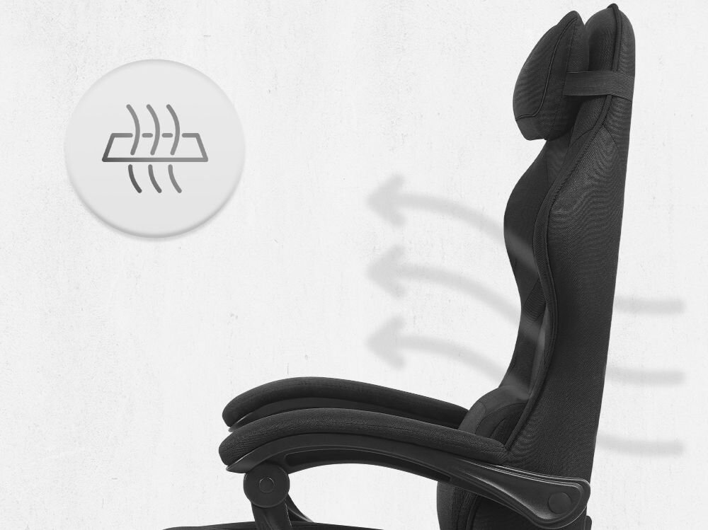 Fotel CABRO C502 Czarny Profil fotela gamingowego z naniesionymi strzałkami i ikoną symbolizującą wentylację oraz przepływ powietrza przez oparcie ergonomiczny fotel gamingowy do długiej pracy i grania