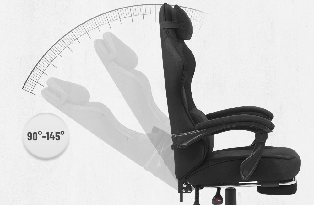 Fotel CABRO C502 Czarny Grafika prezentująca mechanizm regulacji kąta nachylenia oparcia fotela w zakresie od 90 do 145 stopni fotel gamingowy z regulacją oparcia do 145 stopni