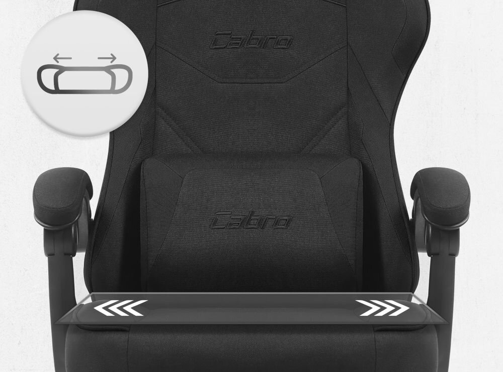 Fotel CABRO C502 Czarny Zbliżenie na siedzisko oraz poduszkę lędźwiową fotela gamingowego z logo marki i ikoną profilowanej poduszki fotel gamingowy z ergonomicznym siedziskiem z pianką