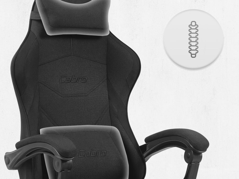 Fotel CABRO C502 Czarny Górna część fotela gamingowego z widocznym zagłówkiem i ikoną wsparcia kręgosłupa na całej długości pleców fotel gamingowy z poduszką lędźwiową i poduszką pod kark