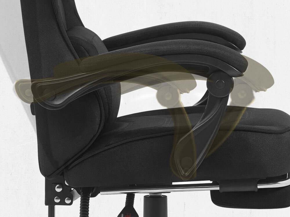 Fotel CABRO C502 Czarny Widok z profilu na podłokietnik fotela z graficznym zaznaczeniem możliwości jego regulacji i dopasowania do rąk fotel gamingowy z systemem linkage armrests podłokietników