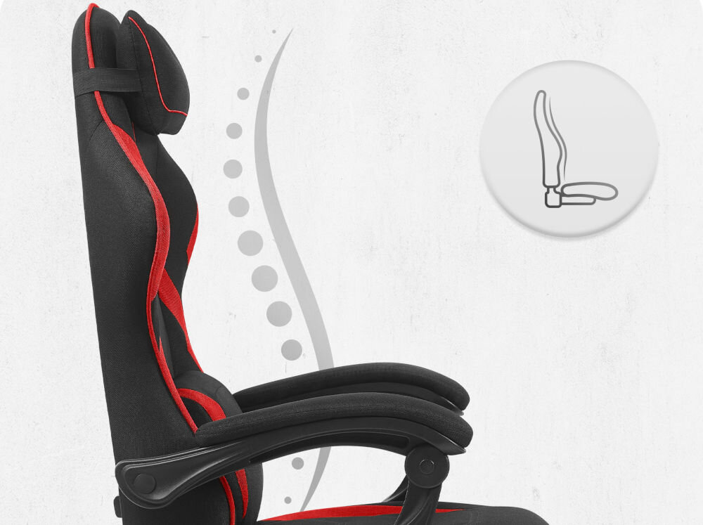 Fotel CABRO C502 Czarno-Czerwony Profil fotela z ikoną prezentującą ergonomiczny kształt oparcia dopasowany do naturalnej krzywizny kręgosłupa ergonomiczny fotel gamingowy do pracy i grania