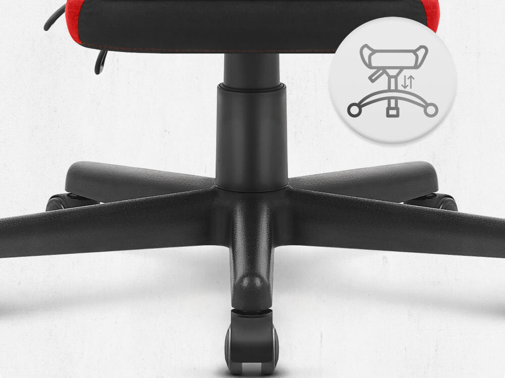 Fotel CABRO C502 Czarno-Czerwony Widok na podstawę fotela z ikoną ilustrującą funkcję regulacji wysokości siedziska fotel gamingowy z pięcioramienną nylonową podstawą