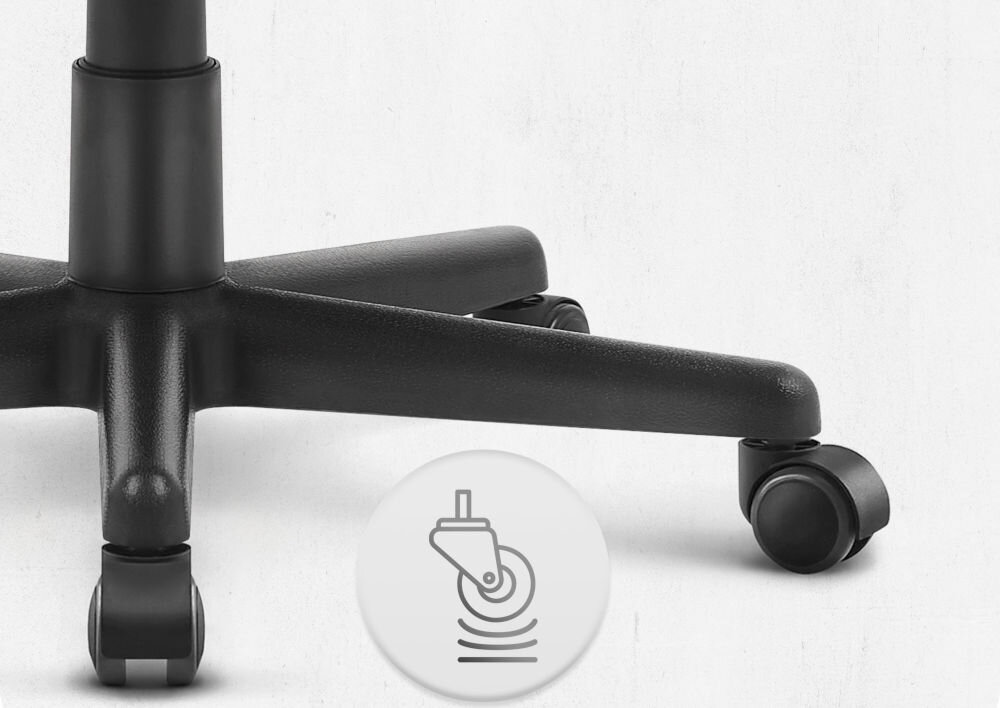 Fotel CABRO C502 Czarno-Czerwony Zbliżenie na kółka fotela gamingowego z ikoną sugerującą płynność ruchu lub cichą pracę mechanizmu fotel gamingowy z solidnymi kółkami trwałe materiały ochrona podłogi