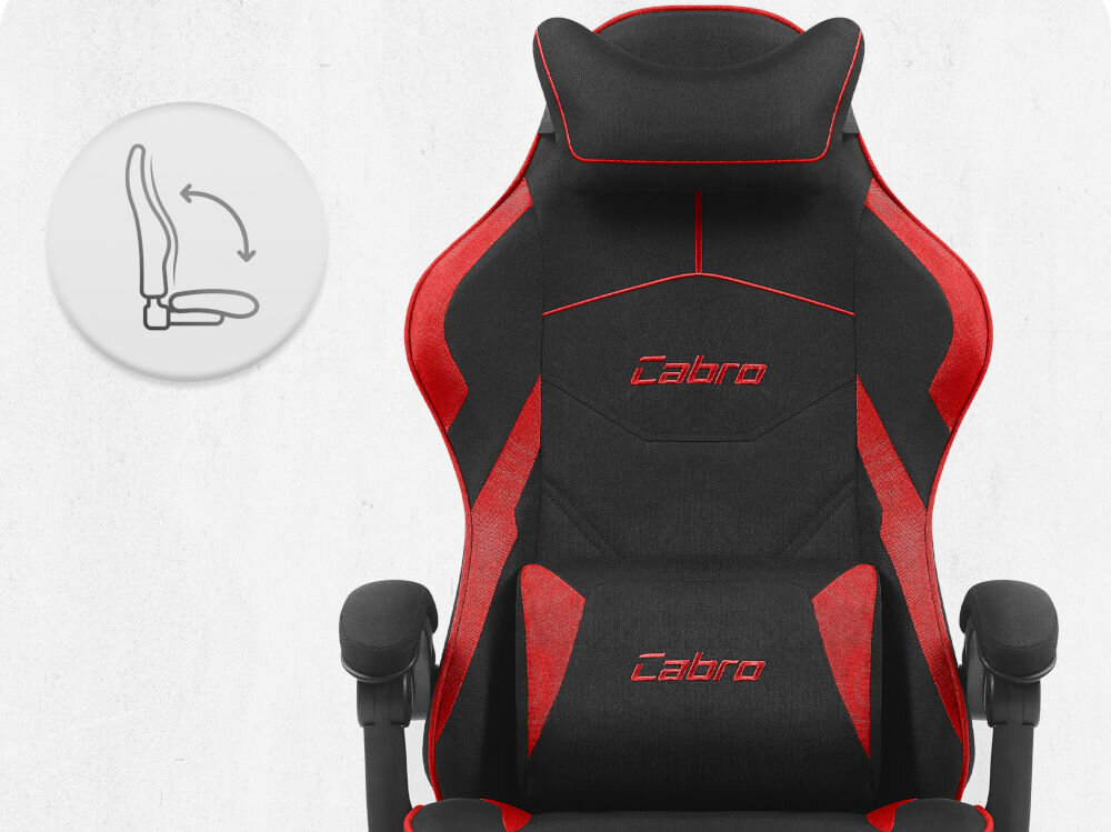 Fotel CABRO C502 Czarno-Czerwony Fotel gamingowy widziany od przodu z ikoną ilustrującą mechanizm kołysania siedziska uniwersalny fotel gamingowy do biura i pokoju gracza