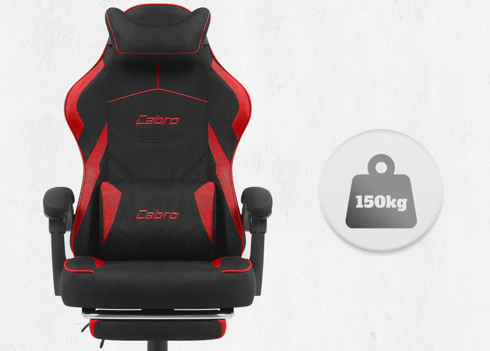 Fotel CABRO C502 Czarno-Czerwony Widok od przodu na fotel gamingowy z ikoną informującą o maksymalnym obciążeniu wynoszącym 150 kg wytrzymały fotel gamingowy o nośności 150 kg