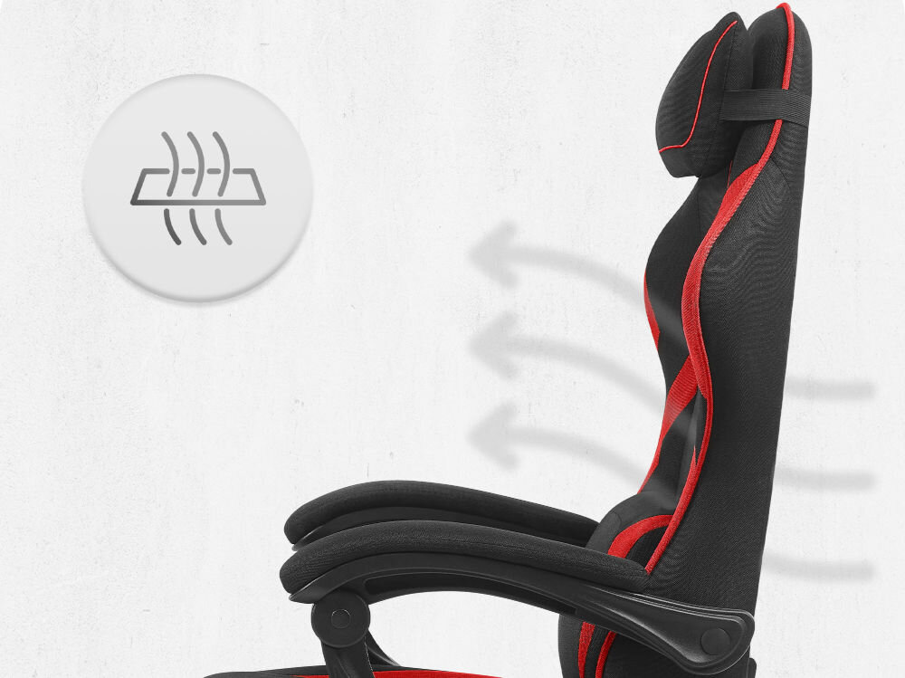 Fotel CABRO C502 Czarno-Czerwony Profil fotela gamingowego z naniesionymi strzałkami i ikoną symbolizującą wentylację oraz przepływ powietrza przez oparcie ergonomiczny fotel gamingowy do długiej pracy i grania