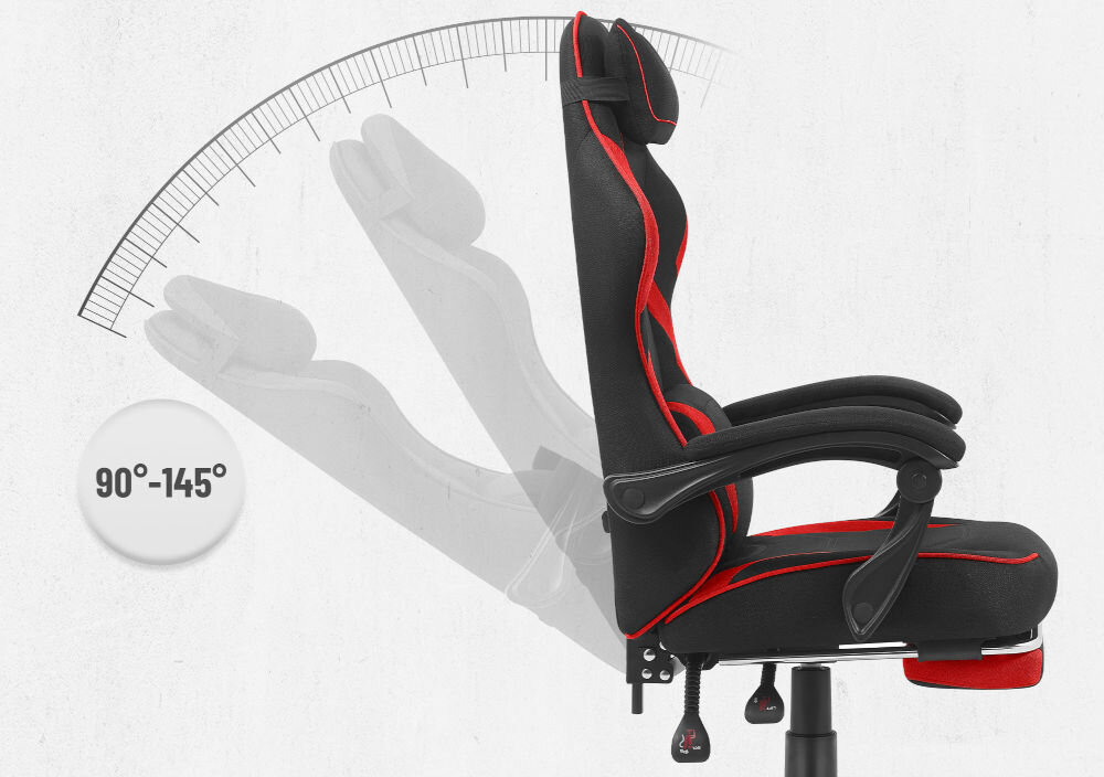 Fotel CABRO C502 Czarno-Czerwony Grafika prezentująca mechanizm regulacji kąta nachylenia oparcia fotela w zakresie od 90 do 145 stopni fotel gamingowy z regulacją oparcia do 145 stopni