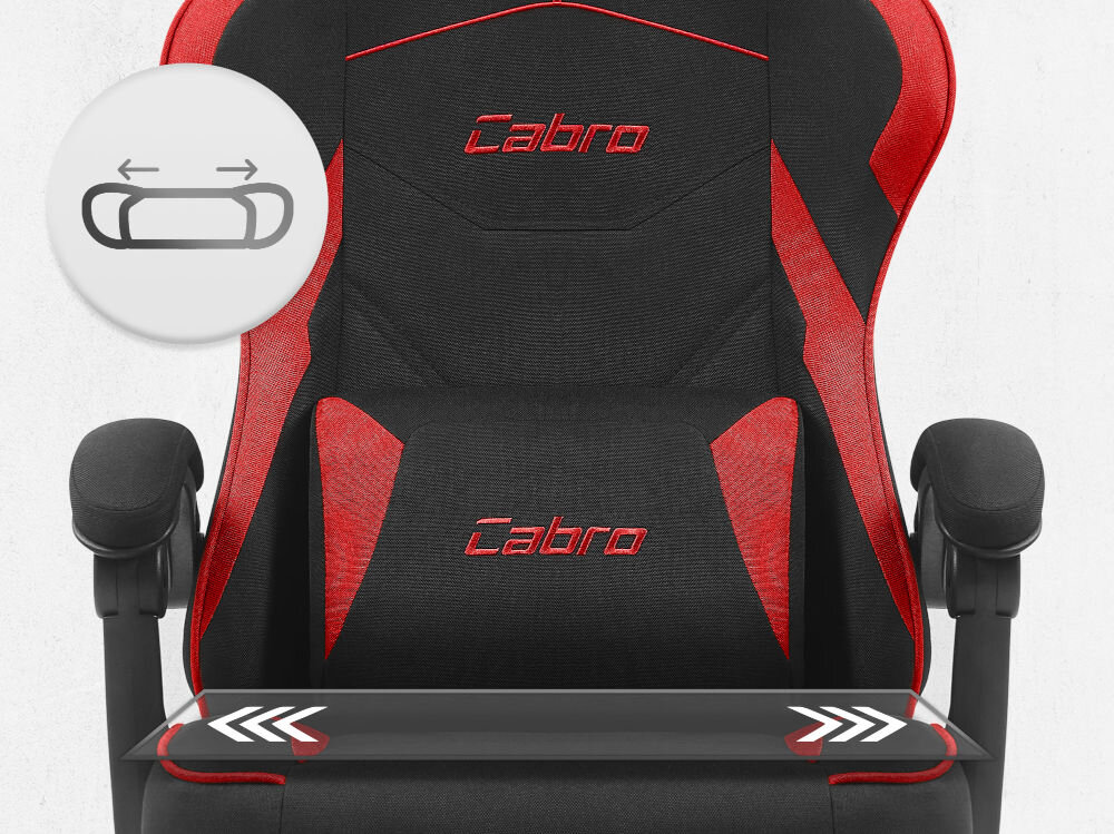 Fotel CABRO C502 Czarno-Czerwony Zbliżenie na siedzisko oraz poduszkę lędźwiową fotela gamingowego z logo marki i ikoną profilowanej poduszki fotel gamingowy z ergonomicznym siedziskiem z pianką