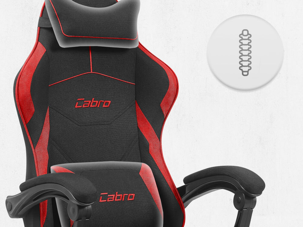 Fotel CABRO C502 Czarno-Czerwony Górna część fotela gamingowego z widocznym zagłówkiem i ikoną wsparcia kręgosłupa na całej długości pleców fotel gamingowy z poduszką lędźwiową i poduszką pod kark