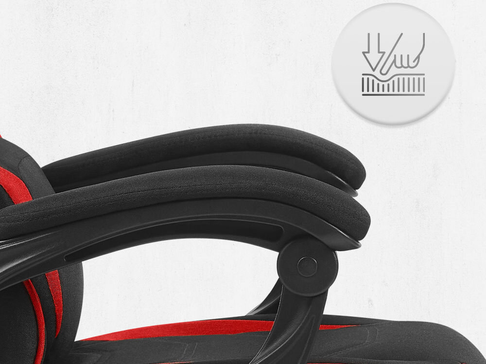 Fotel CABRO C502 Czarno-Czerwony Zbliżenie na miękki podłokietnik fotela z ikoną nacisku, podkreślającą komfort użytkowania i jakość wypełnienia fotel gamingowy z podłokietnikami z miękkimi padami
