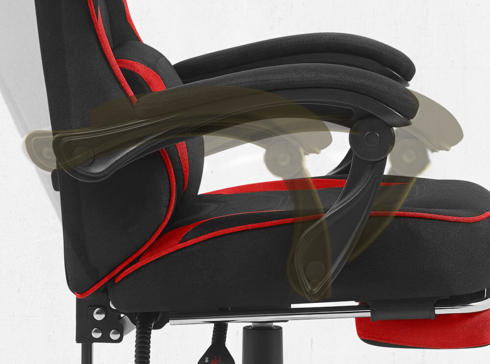 Fotel CABRO C502 Czarno-Czerwony Widok z profilu na podłokietnik fotela z graficznym zaznaczeniem możliwości jego regulacji i dopasowania do rąk fotel gamingowy z systemem linkage armrests podłokietników