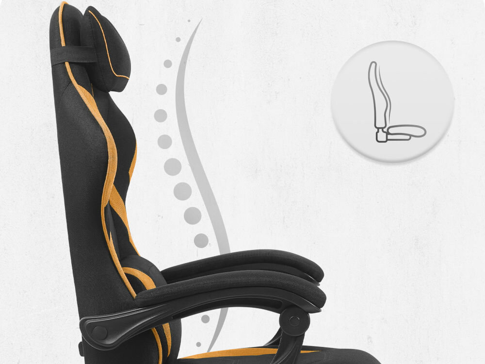 Fotel CABRO C502 Czarno-Pomarańczowy Profil fotela z ikoną prezentującą ergonomiczny kształt oparcia dopasowany do naturalnej krzywizny kręgosłupa ergonomiczny fotel gamingowy do pracy i grania