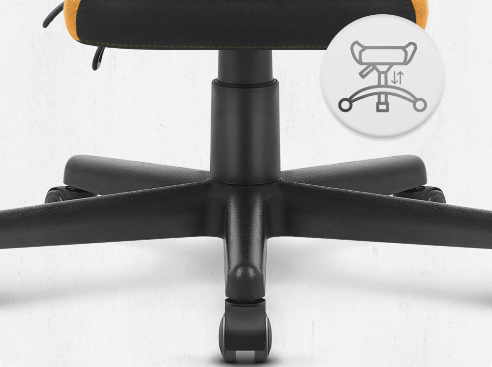 Fotel CABRO C502 Czarno-Pomarańczowy Widok na podstawę fotela z ikoną ilustrującą funkcję regulacji wysokości siedziska fotel gamingowy z pięcioramienną nylonową podstawą