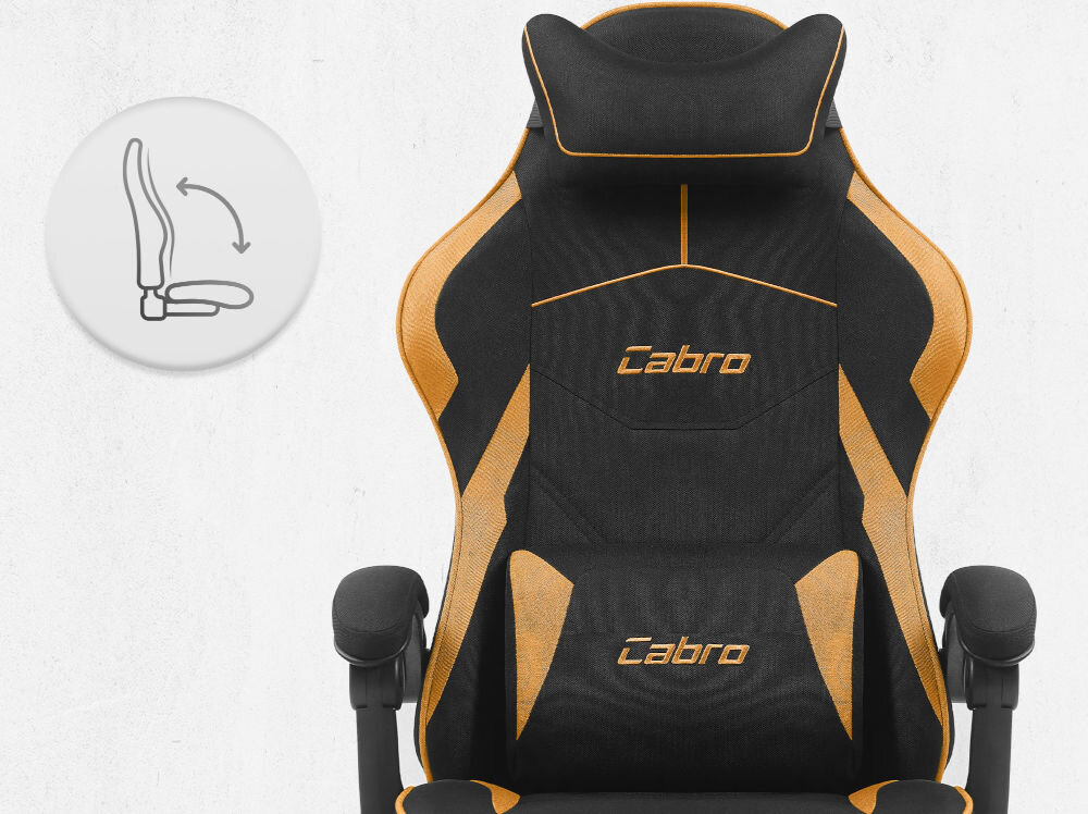 Fotel CABRO C502 Czarno-Pomarańczowy Fotel gamingowy widziany od przodu z ikoną ilustrującą mechanizm kołysania siedziska uniwersalny fotel gamingowy do biura i pokoju gracza