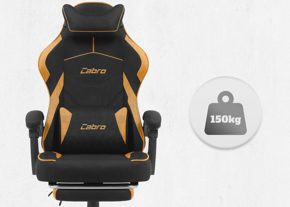 Fotel CABRO C502 Czarno-Pomarańczowy Widok od przodu na fotel gamingowy z ikoną informującą o maksymalnym obciążeniu wynoszącym 150 kg wytrzymały fotel gamingowy o nośności 150 kg