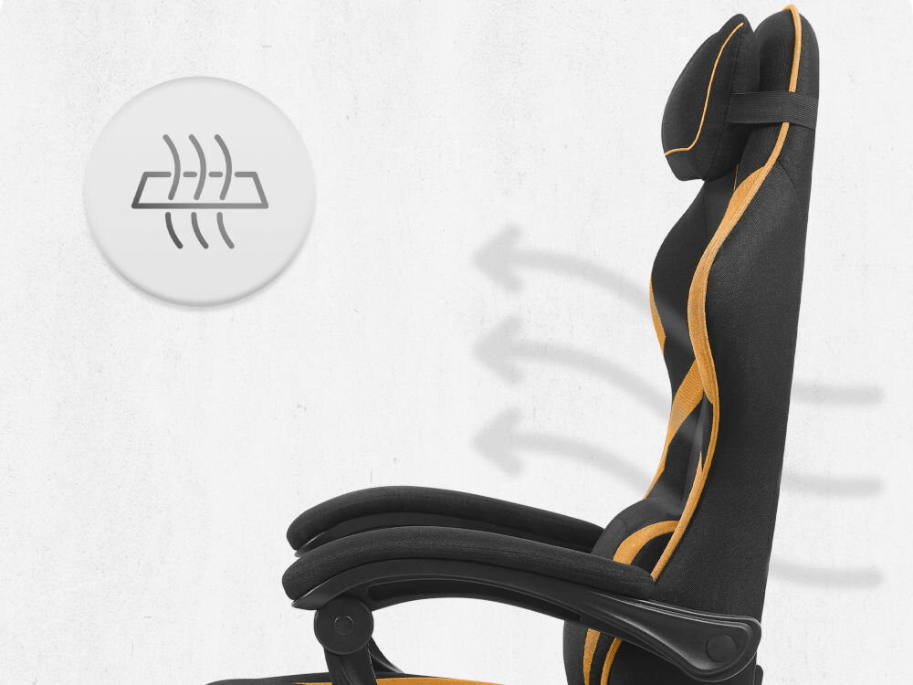 Fotel CABRO C502 Czarno-Pomarańczowy Profil fotela gamingowego z naniesionymi strzałkami i ikoną symbolizującą wentylację oraz przepływ powietrza przez oparcie ergonomiczny fotel gamingowy do długiej pracy i grania