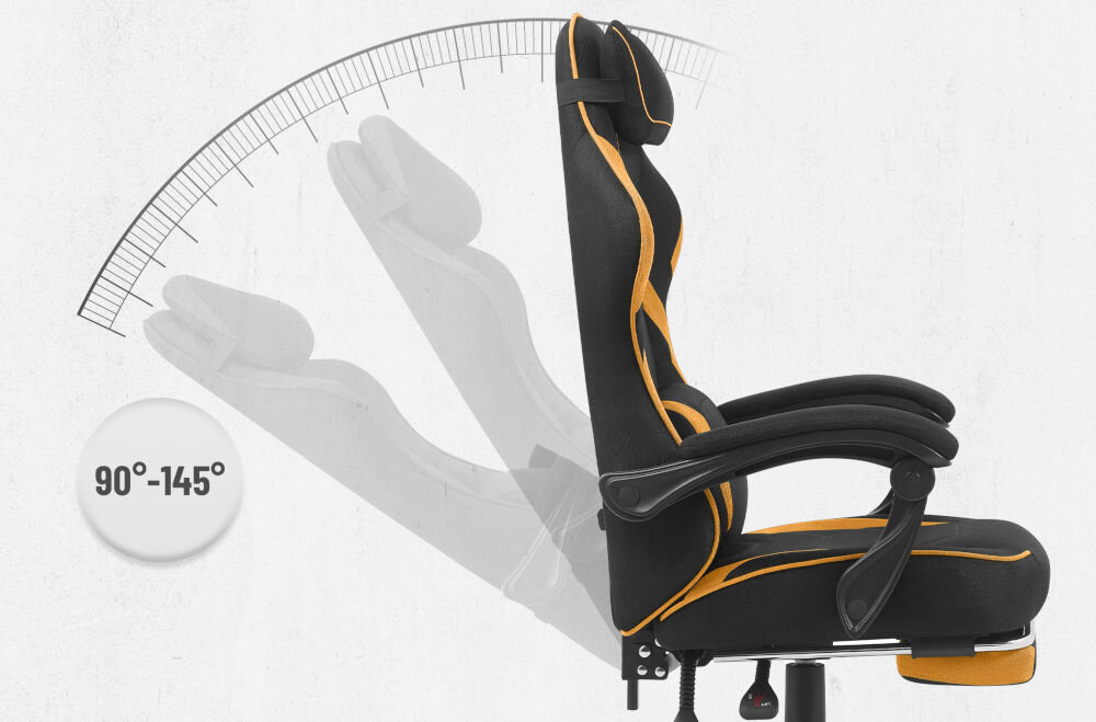 Fotel CABRO C502 Czarno-Pomarańczowy Grafika prezentująca mechanizm regulacji kąta nachylenia oparcia fotela w zakresie od 90 do 145 stopni fotel gamingowy z regulacją oparcia do 145 stopni