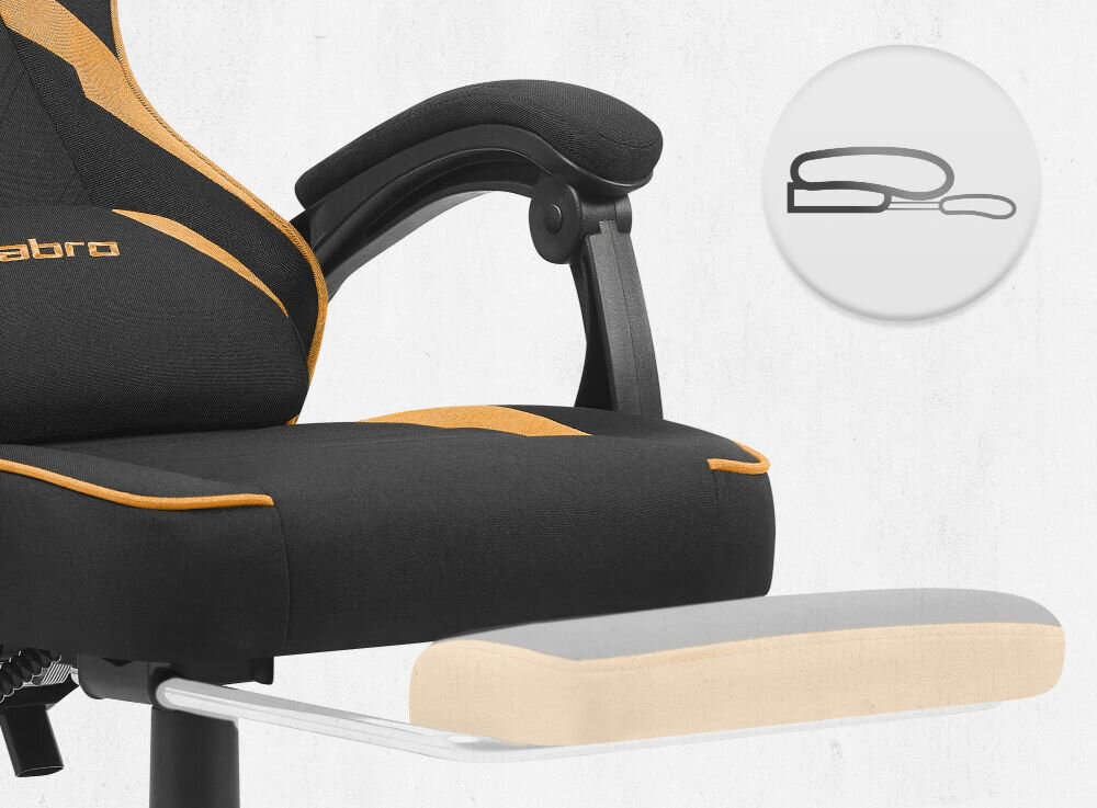 Fotel CABRO C502 Czarno-Pomarańczowy zbliżenie na wysuwany podnóżek jasne tło ikona fotel gamingowy z wysuwanym podnóżkiem do odpoczynku