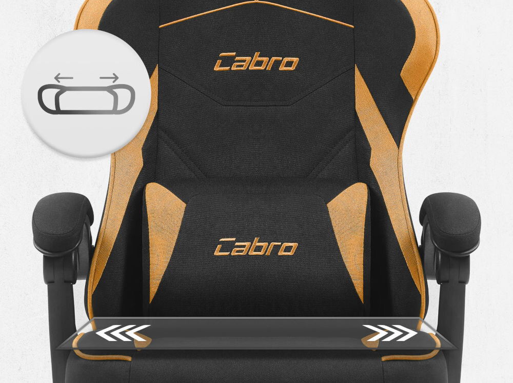 Fotel CABRO C502 Czarno-Pomarańczowy Zbliżenie na siedzisko oraz poduszkę lędźwiową fotela gamingowego z logo marki i ikoną profilowanej poduszki fotel gamingowy z ergonomicznym siedziskiem z pianką