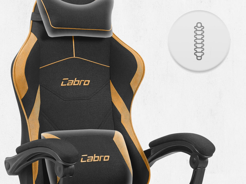 Fotel CABRO C502 Czarno-Pomarańczowy Górna część fotela gamingowego z widocznym zagłówkiem i ikoną wsparcia kręgosłupa na całej długości pleców fotel gamingowy z poduszką lędźwiową i poduszką pod kark