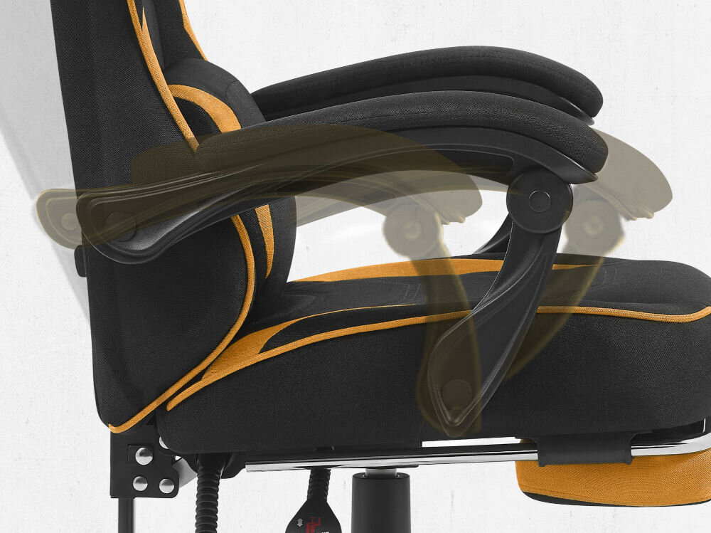 Fotel CABRO C502 Czarno-Pomarańczowy Widok z profilu na podłokietnik fotela z graficznym zaznaczeniem możliwości jego regulacji i dopasowania do rąk fotel gamingowy z systemem linkage armrests podłokietników
