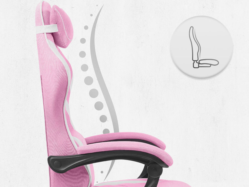 Fotel CABRO C502 Różowo-biały Profil fotela z ikoną prezentującą ergonomiczny kształt oparcia dopasowany do naturalnej krzywizny kręgosłupa ergonomiczny fotel gamingowy do pracy i grania