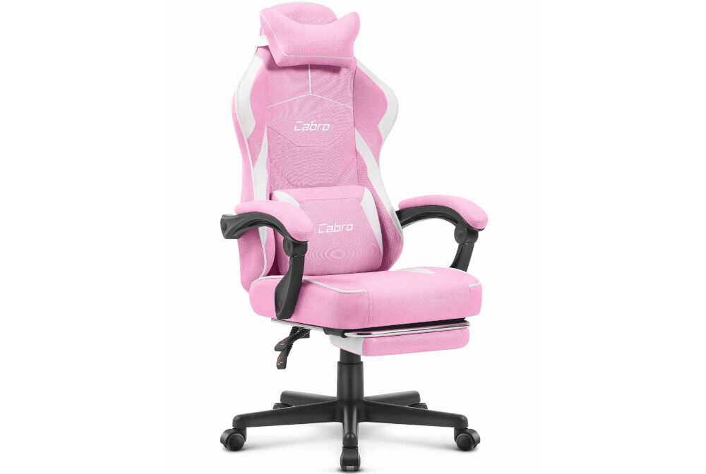 Fotel CABRO C502 Różowo-biały prezentacja fotela na jasnym tle od przodu pod kątem fotel gamingowy z dopasowanymi wymiarami do biurka